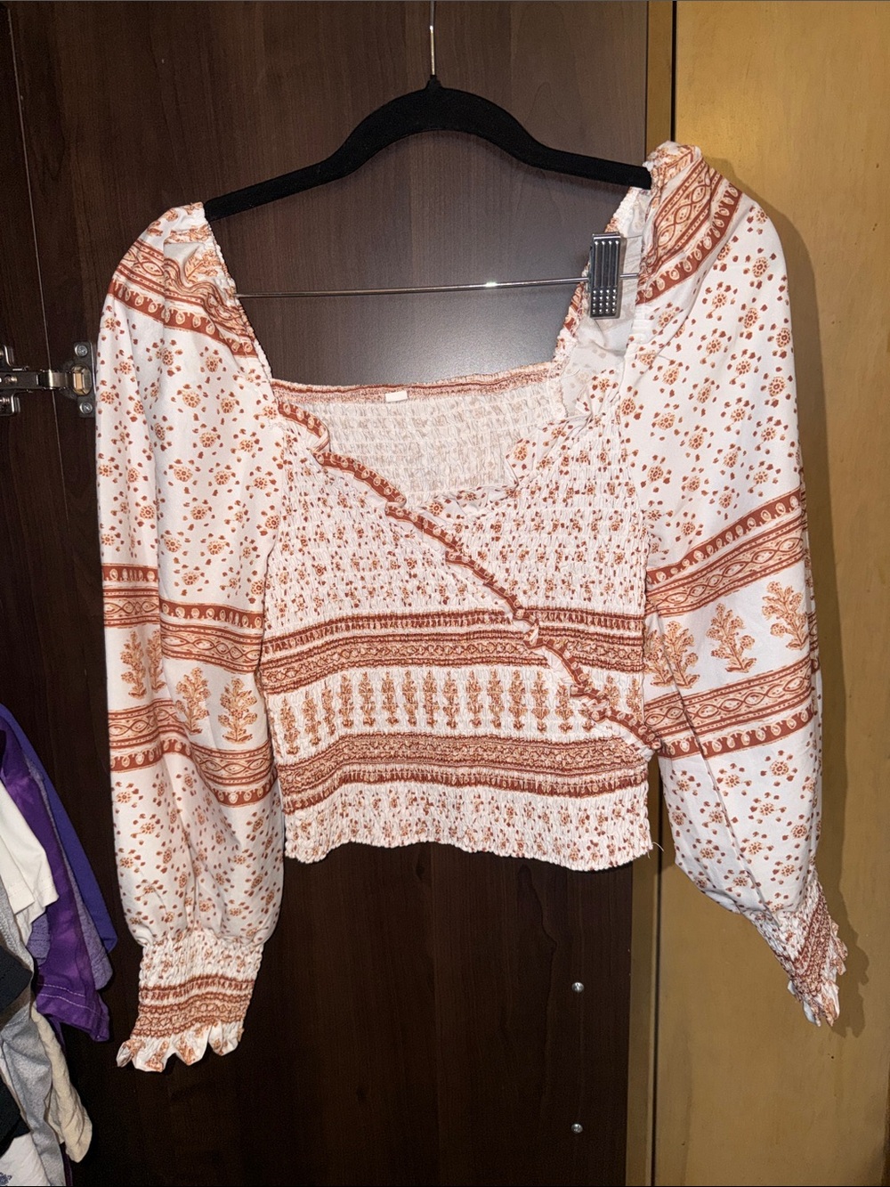 Smocked Boho Peasant Top in Rust Floral